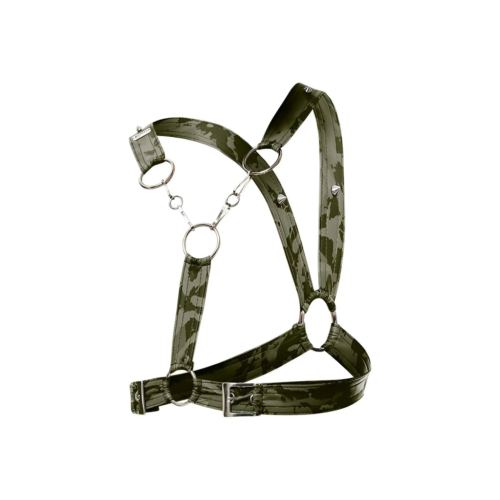 Dngeon cross chain harness green camouflage leather with silver metal rings and studs for edgy fashion looks