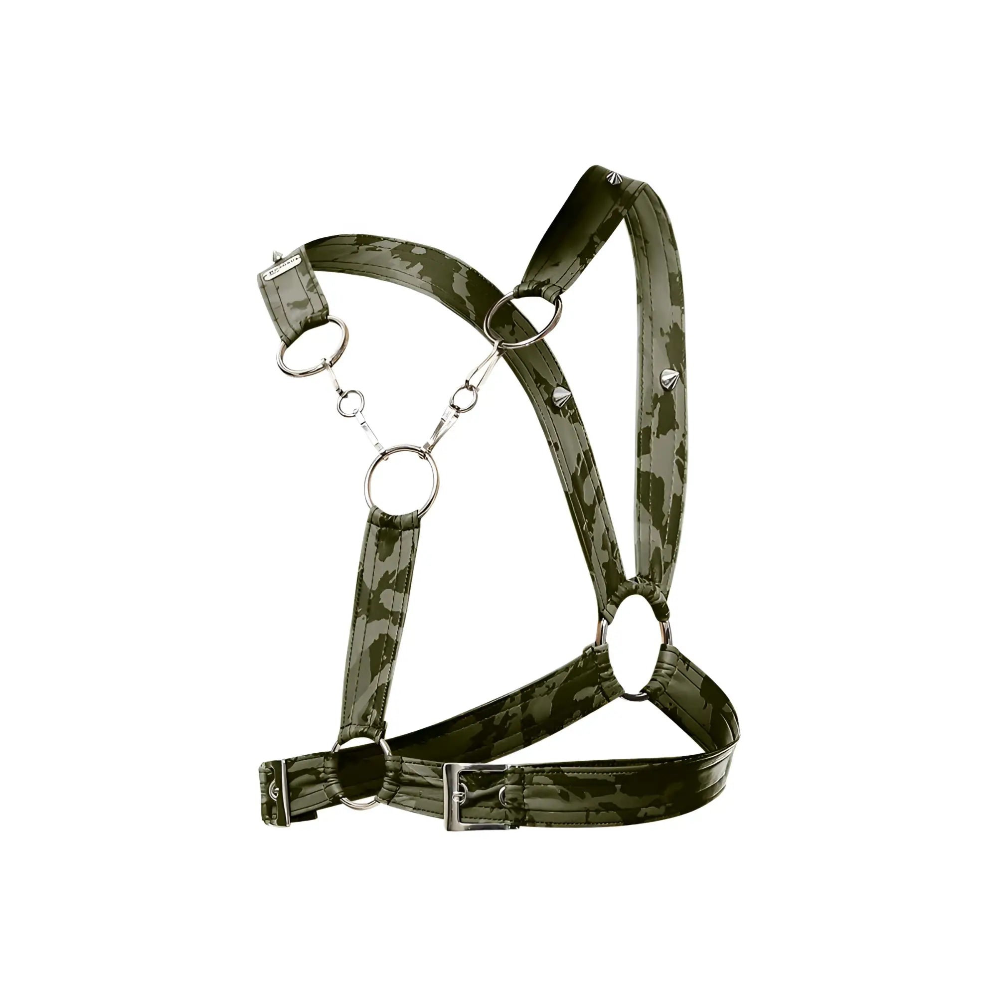 Dngeon cross chain harness green camouflage leather with silver metal rings and studs for edgy fashion looks