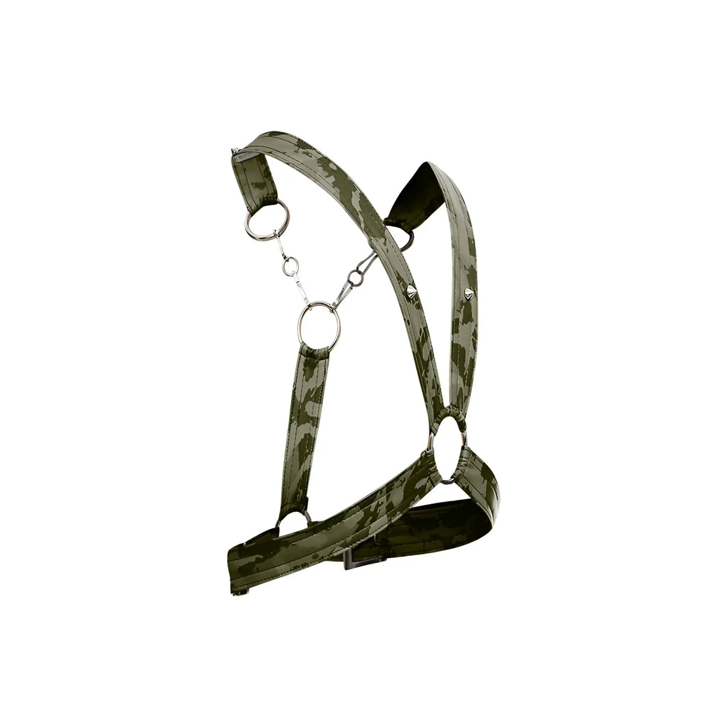 Dngeon cross chain harness green camouflage pattern with metallic rings and buckle for adjustable fit