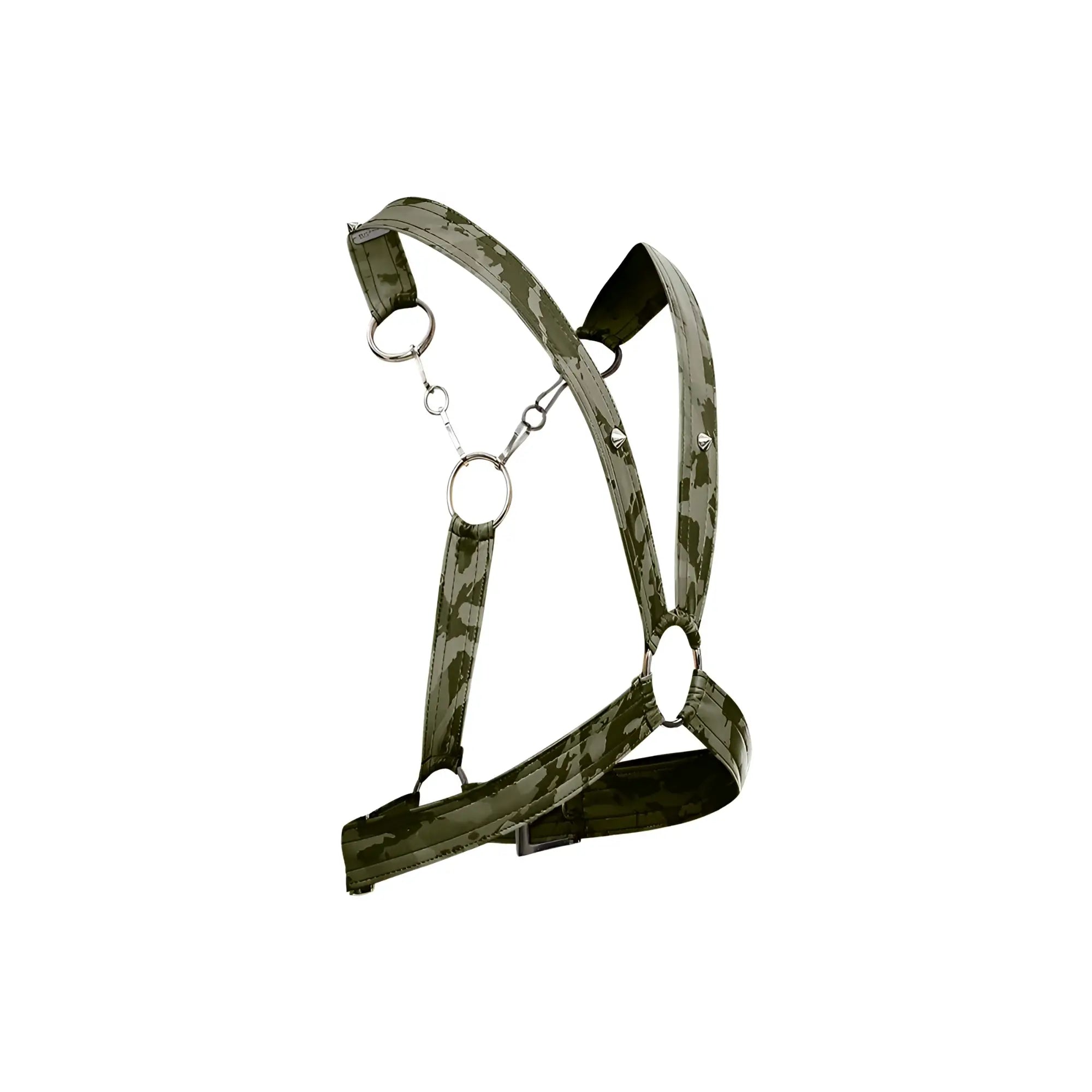 Dngeon cross chain harness green camouflage pattern with metallic rings and buckle for adjustable fit