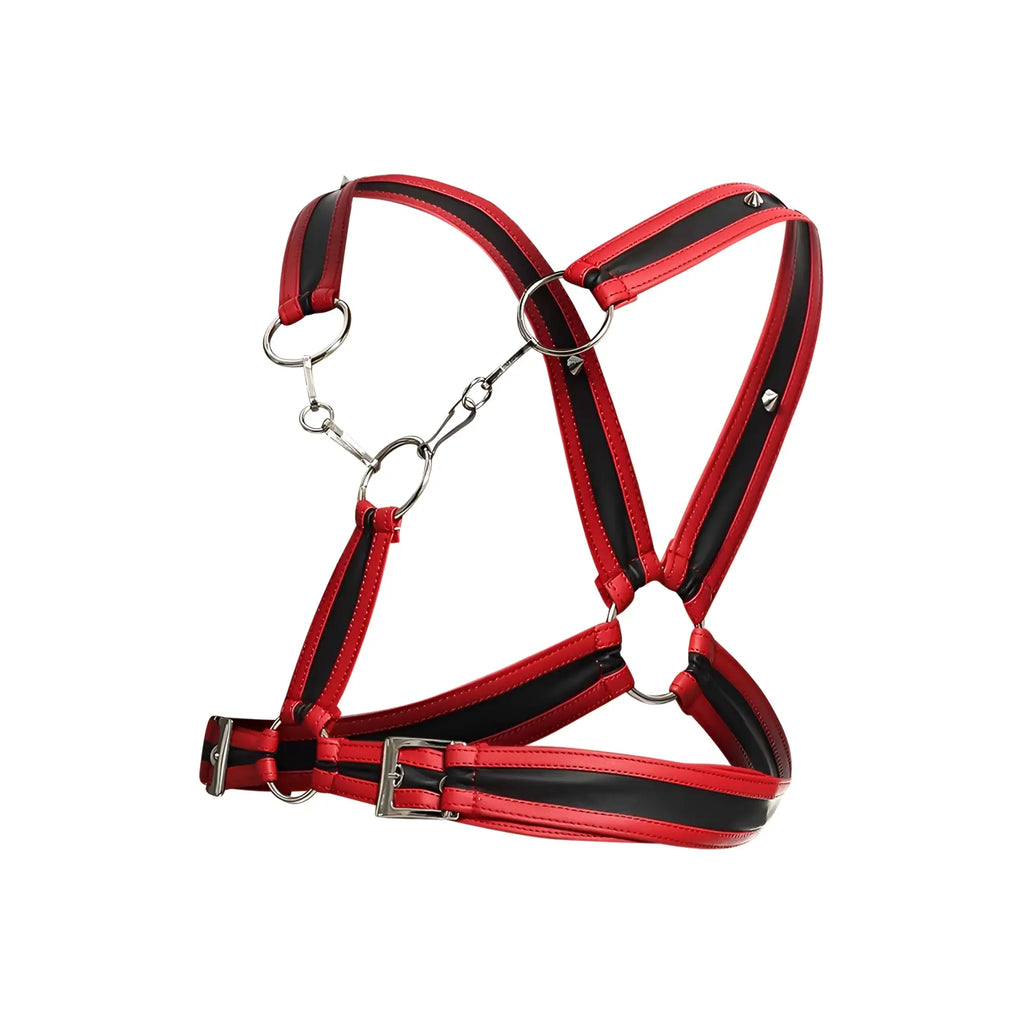 Dngeon cross chain harness red and black leather horse halter with silver metal hardware front view