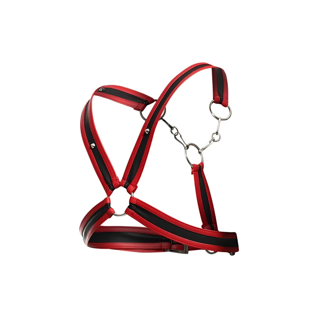 Red and black leather horse halter with silver metal rings and hardware by dngeon cross chain harness