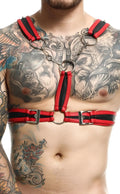 Dngeon cross chain harness in red and black leather with silver metal hardware for stylish layering and support