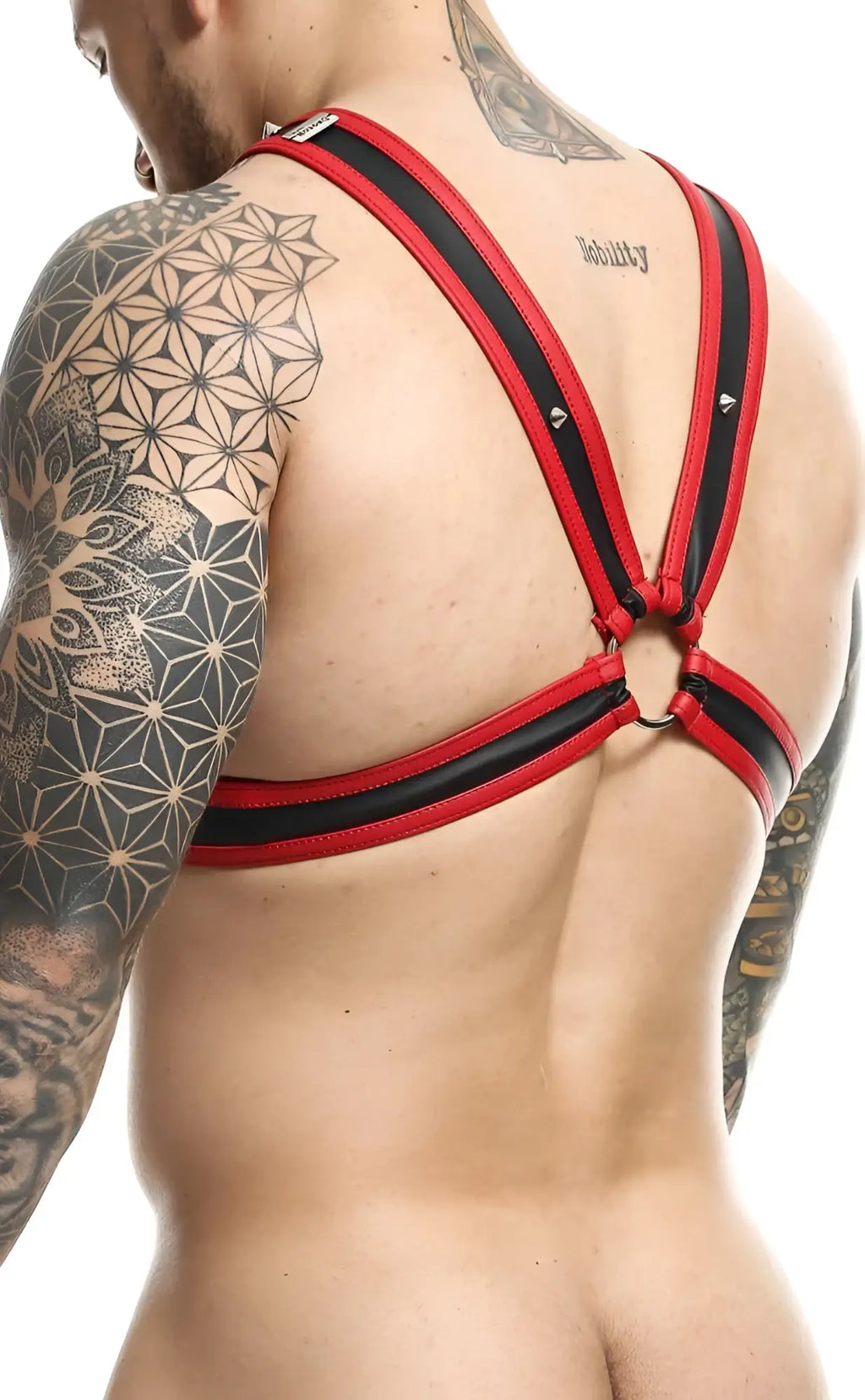 Red and black leather DNGEON Cross Chain Harness with silver-toned metal hardware for edgy fashion looks