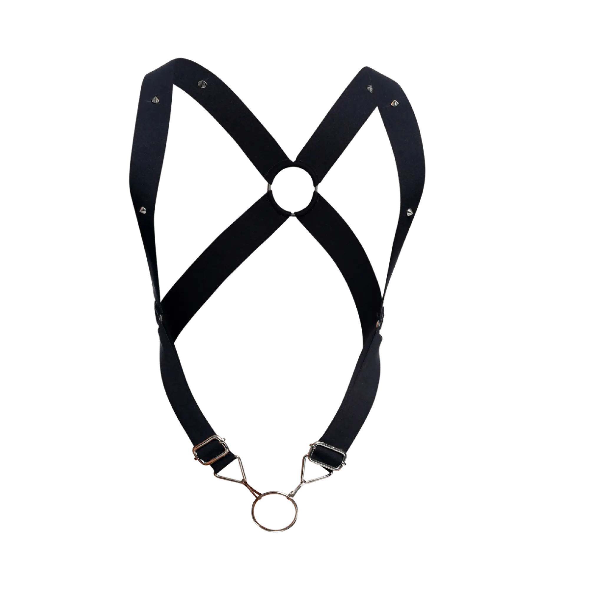 Dngeon crossback harness black leather with silver metal hardware and central ring for edgy fashion look