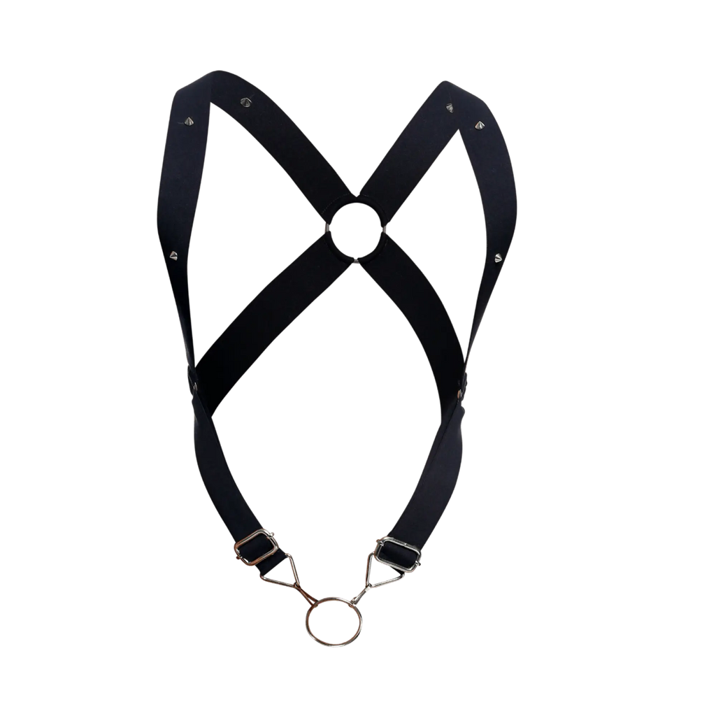 Black leather dngeon crossback harness with silver metal hardware and studs showing the back side