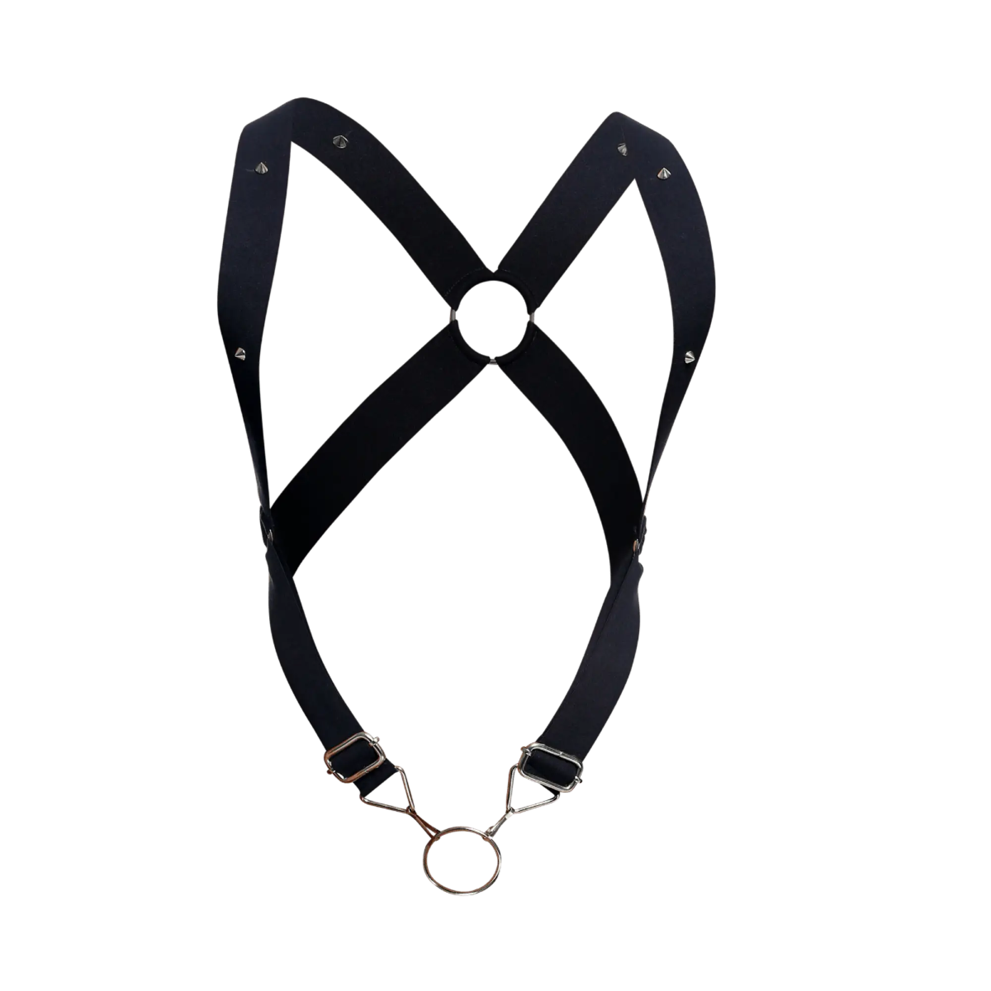 Black leather dngeon crossback harness with silver metal hardware and studs showing the back side