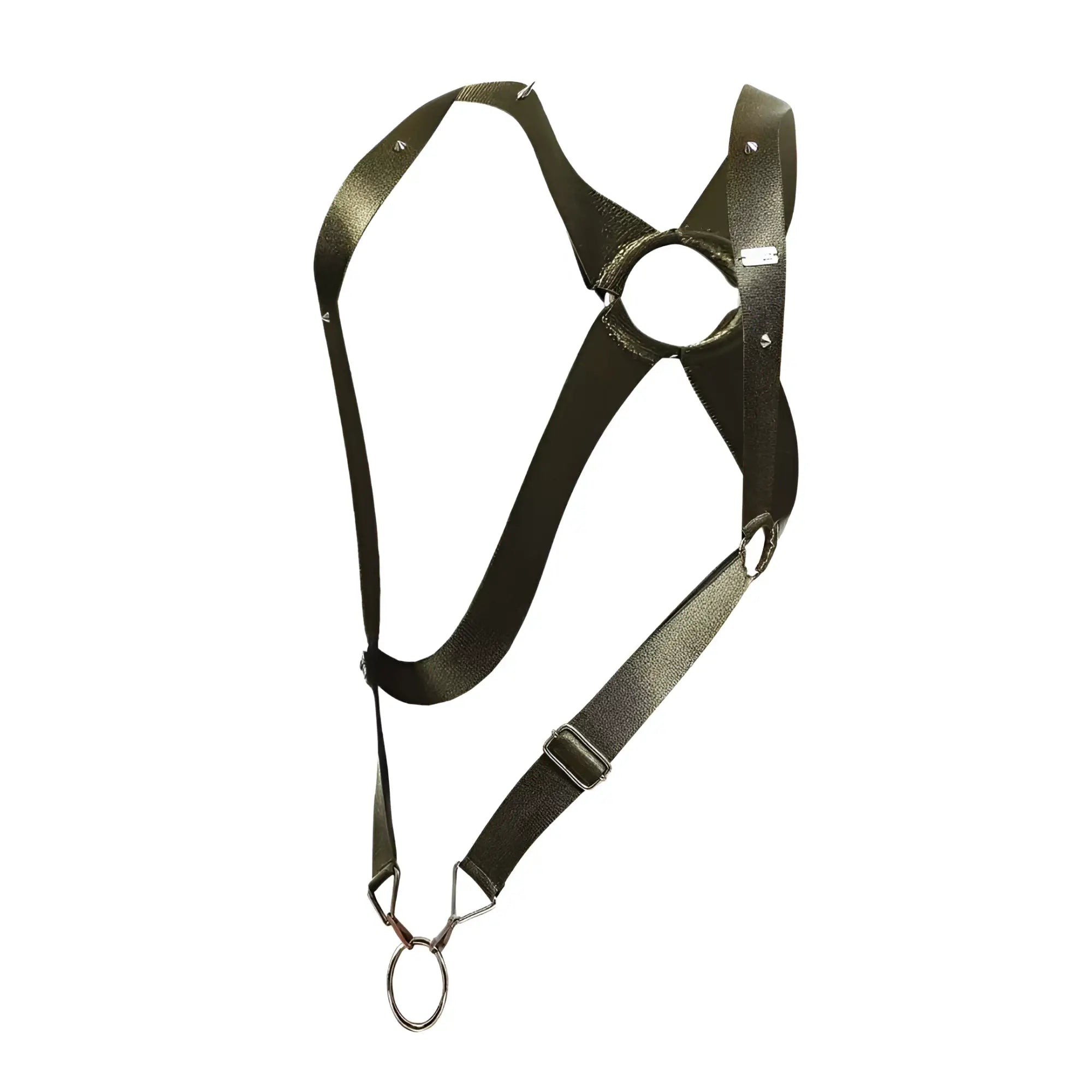 Dark olive green leather crossback harness by dngeon with metal hardware and adjustable straps shown from the back side