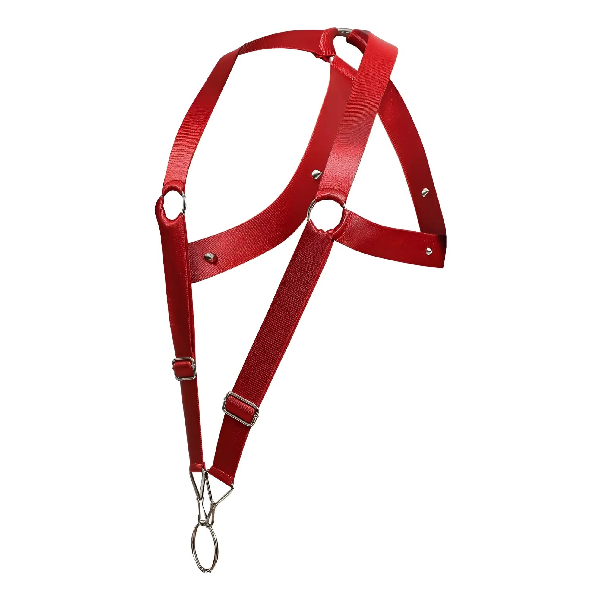 Red satin crossback harness by DNGEON with silver metal hardware and adjustable straps visible from the back side