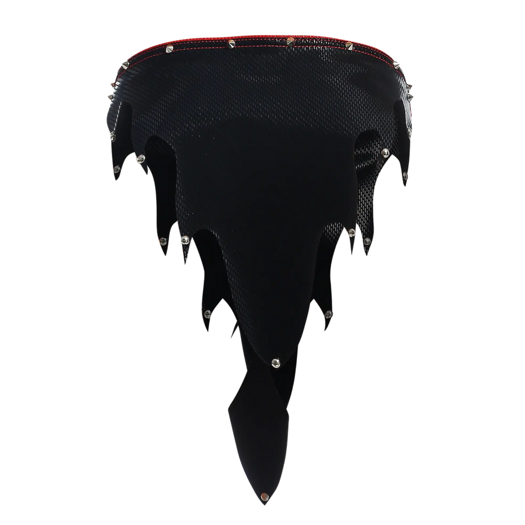 Black carbon fiber choker with red stitching and silver studs from dngeon fire skirt collection