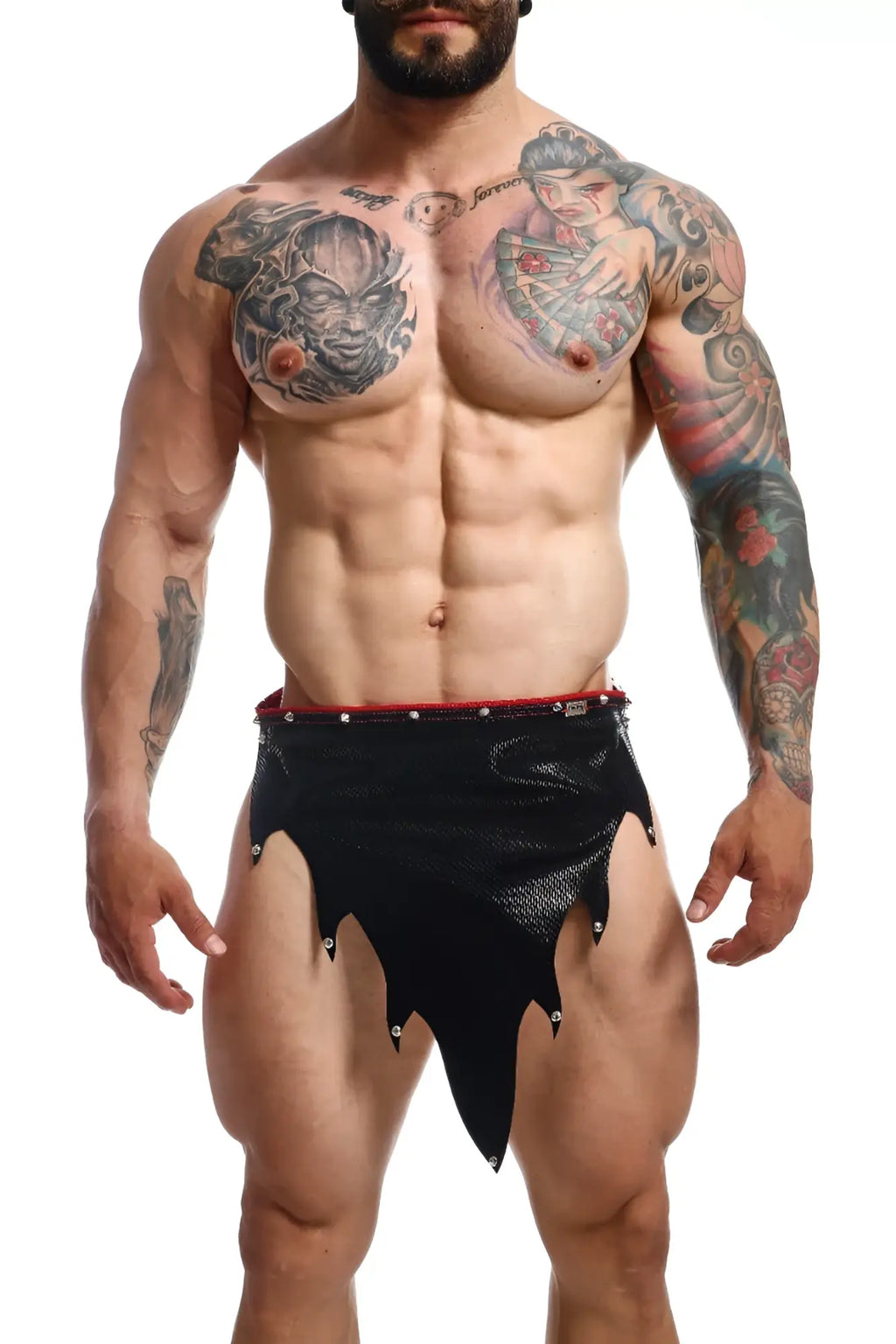 Black mesh-like fabric shorts with red waistband and silver studs from the dngeon fire skirt collection