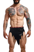 Black mesh-like fabric shorts with red waistband and silver studs from the dngeon fire skirt collection
