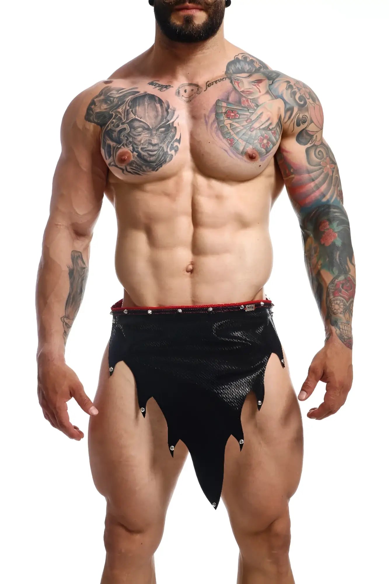 Black mesh-like fabric shorts with red waistband and silver studs from the dngeon fire skirt collection
