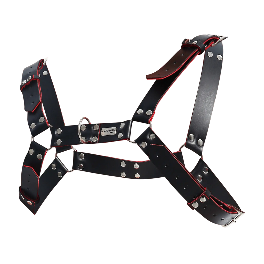Black leather dngeon harness belt with red stitching and silver metal hardware for edgy fashion looks