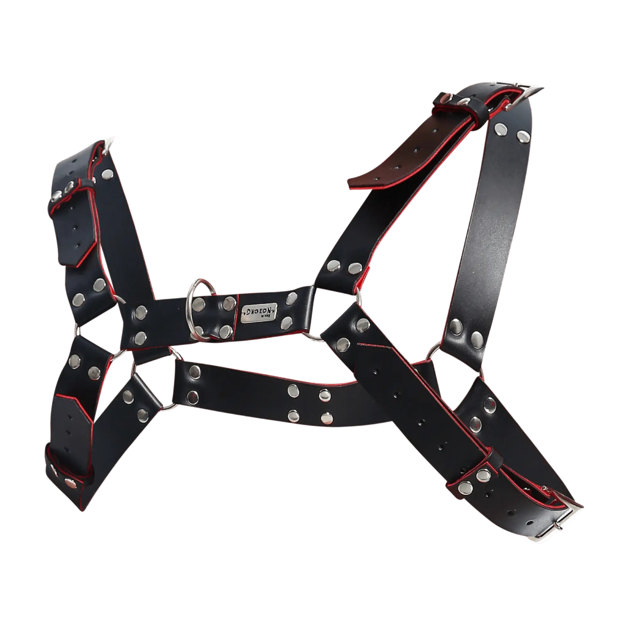 Black leather dngeon harness belt with red stitching and silver metal hardware for edgy fashion looks