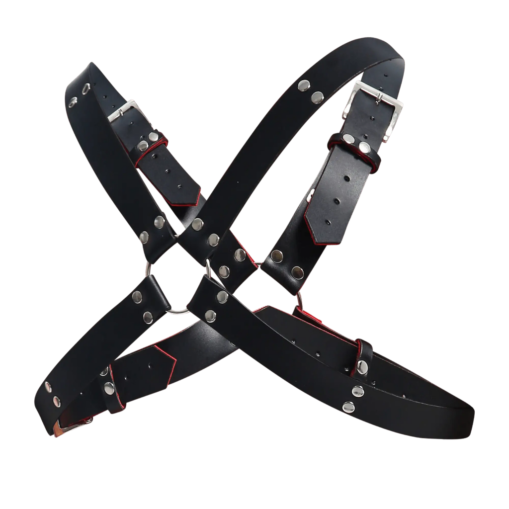 DnGeon harness belts cross black leather harness with silver metal buckles studs and red stitching along edges