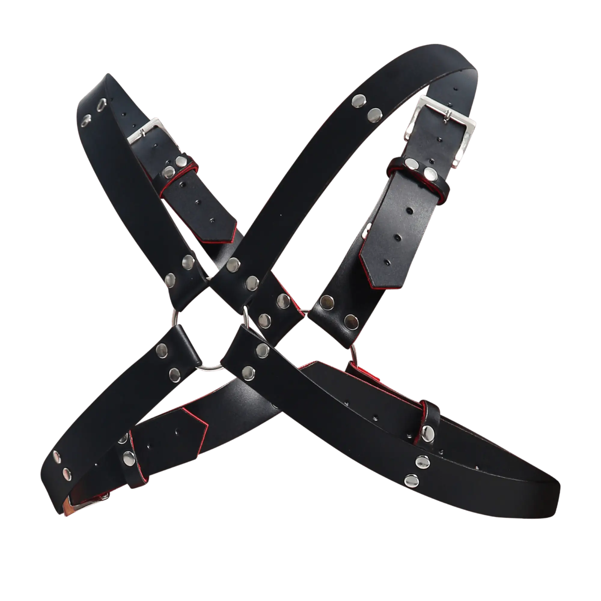 DnGeon harness belts cross black leather harness with silver metal buckles studs and red stitching along edges