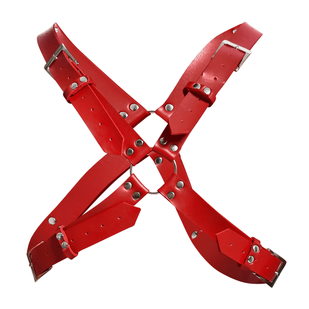 Red leather x-shaped dngeon harness belts cross with silver metal buckles and rivets for adjustable fit