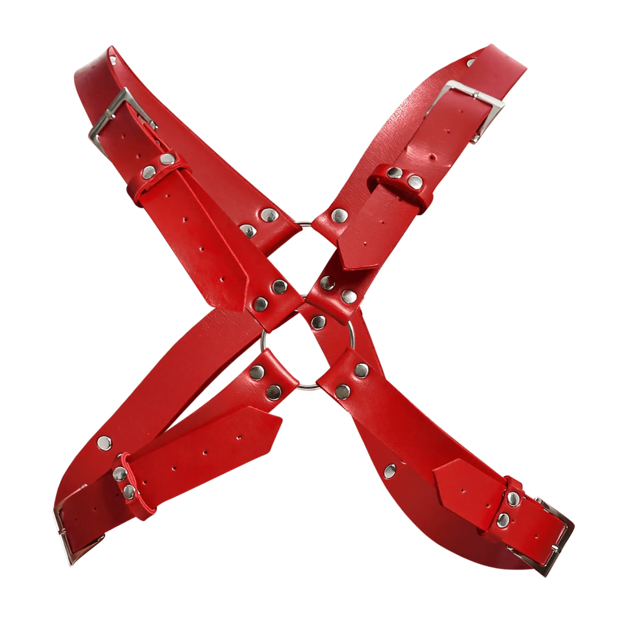 Red leather x-shaped dngeon harness belts cross with silver metal buckles and rivets for adjustable fit