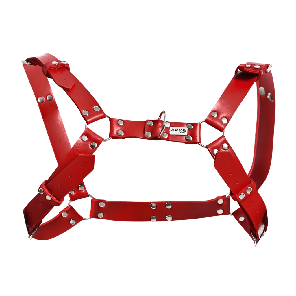 Dngeon harness belts red leather harness with silver toned metal hardware and a small brand tag