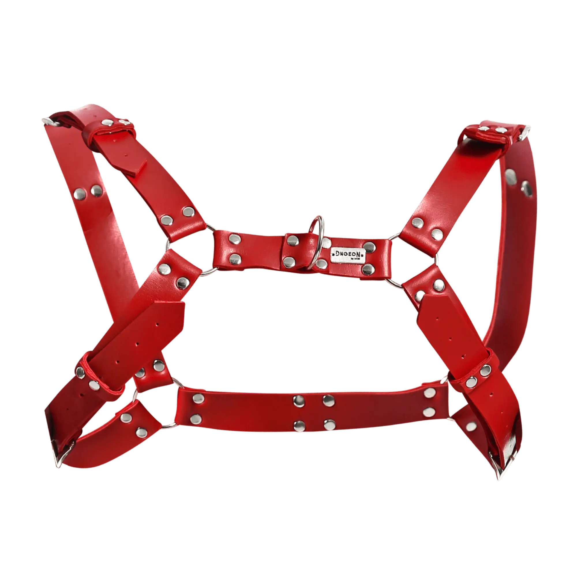 Dngeon harness belts red leather harness with silver toned metal hardware and a small brand tag