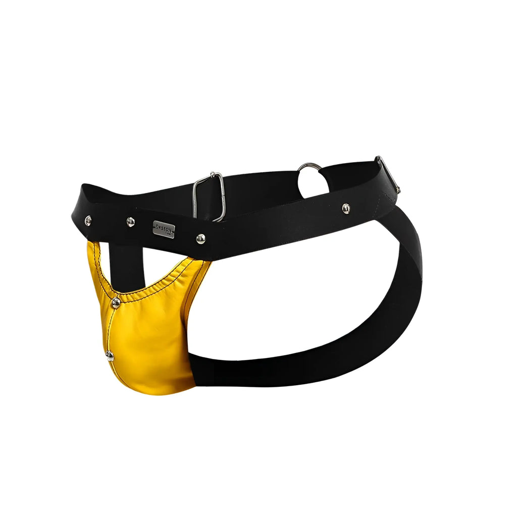 Dngeon peekaboo jockstrap in black and gold leather harness with silver toned metal hardware shown from the back