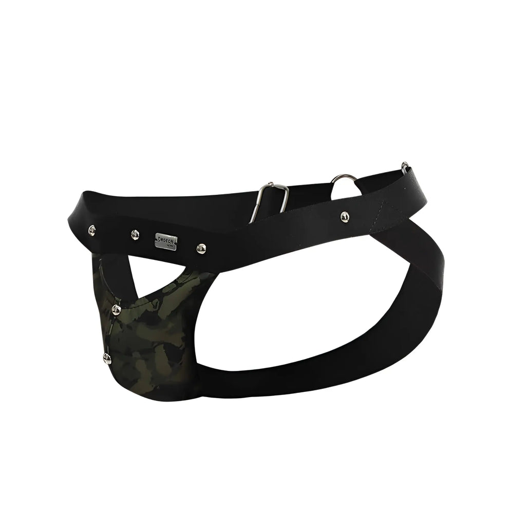 Dngeon peekaboo jockstrap black leather harness with camouflage front panel and silver metal hardware