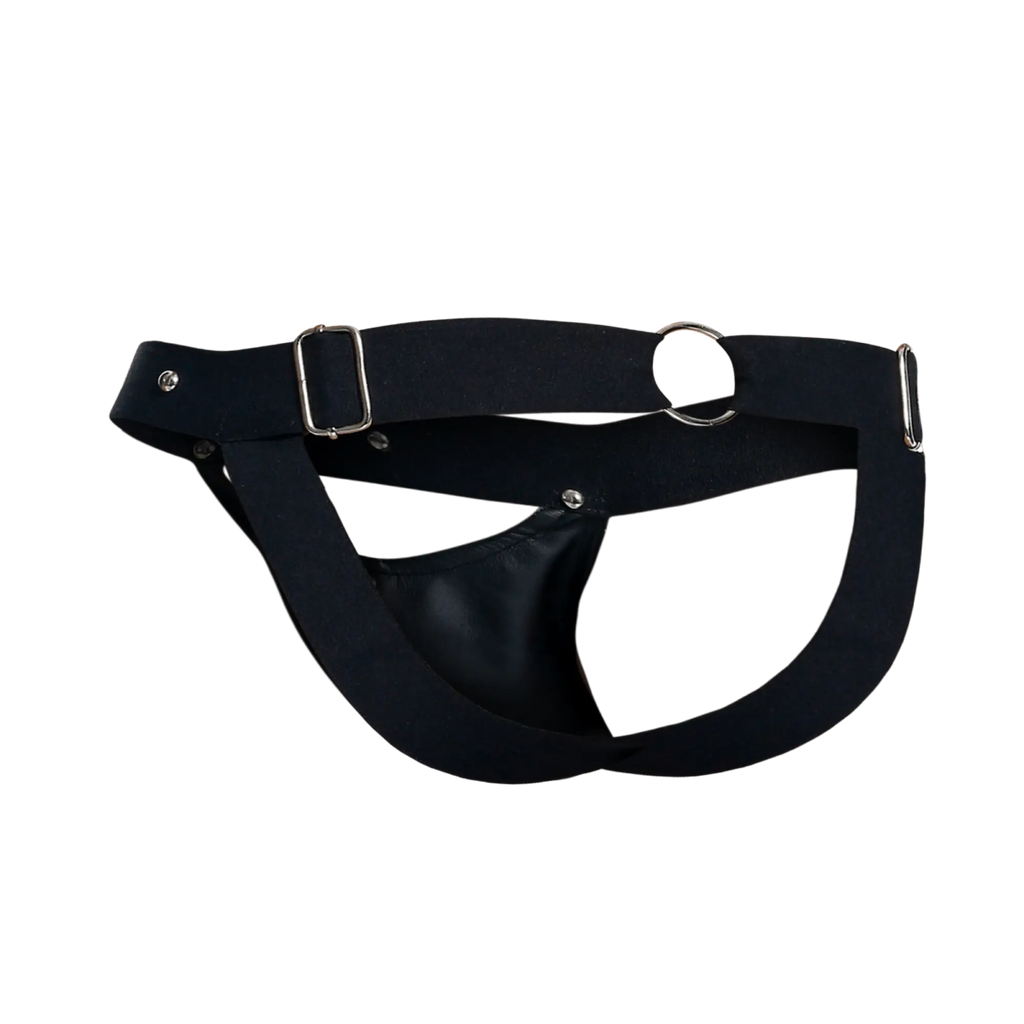 Black leather dngeon peekaboo jockstrap with silver-toned metal buckles and hardware showing the back side