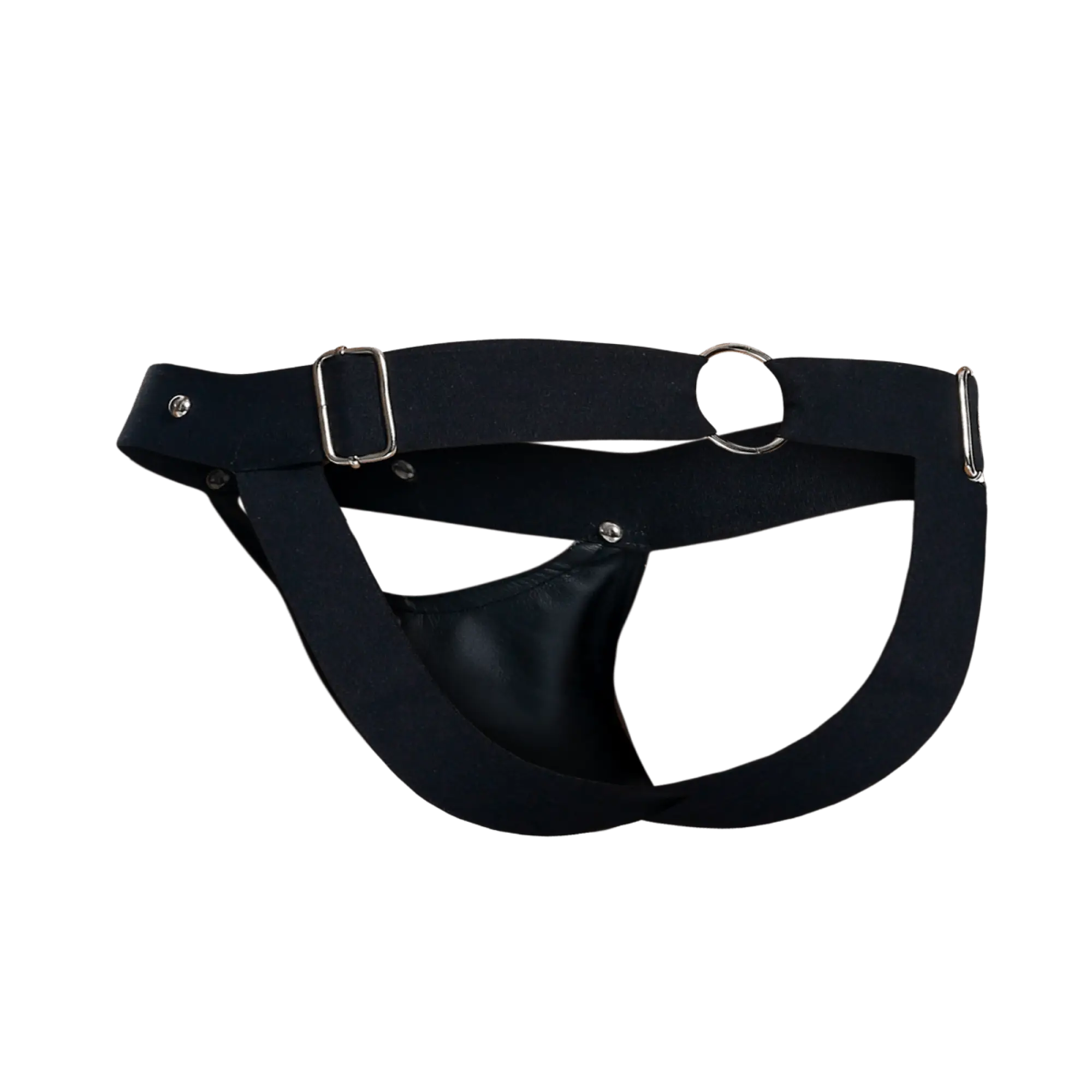 Black leather dngeon peekaboo jockstrap with silver-toned metal buckles and hardware showing the back side