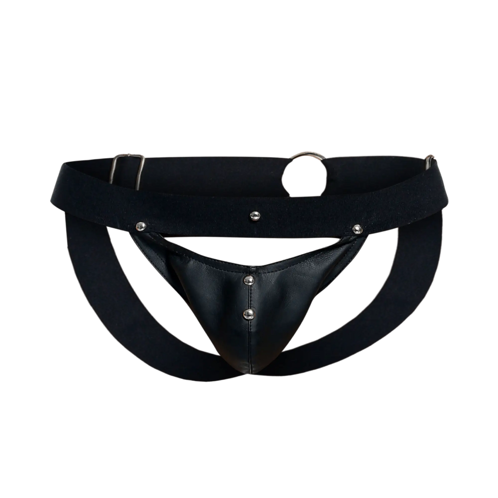 Dngeon peekaboo jockstrap black leather thong with silver metal studs and a wide waistband front view