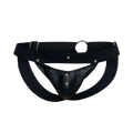 Dngeon peekaboo jockstrap black leather thong with silver metal studs and a wide waistband front view
