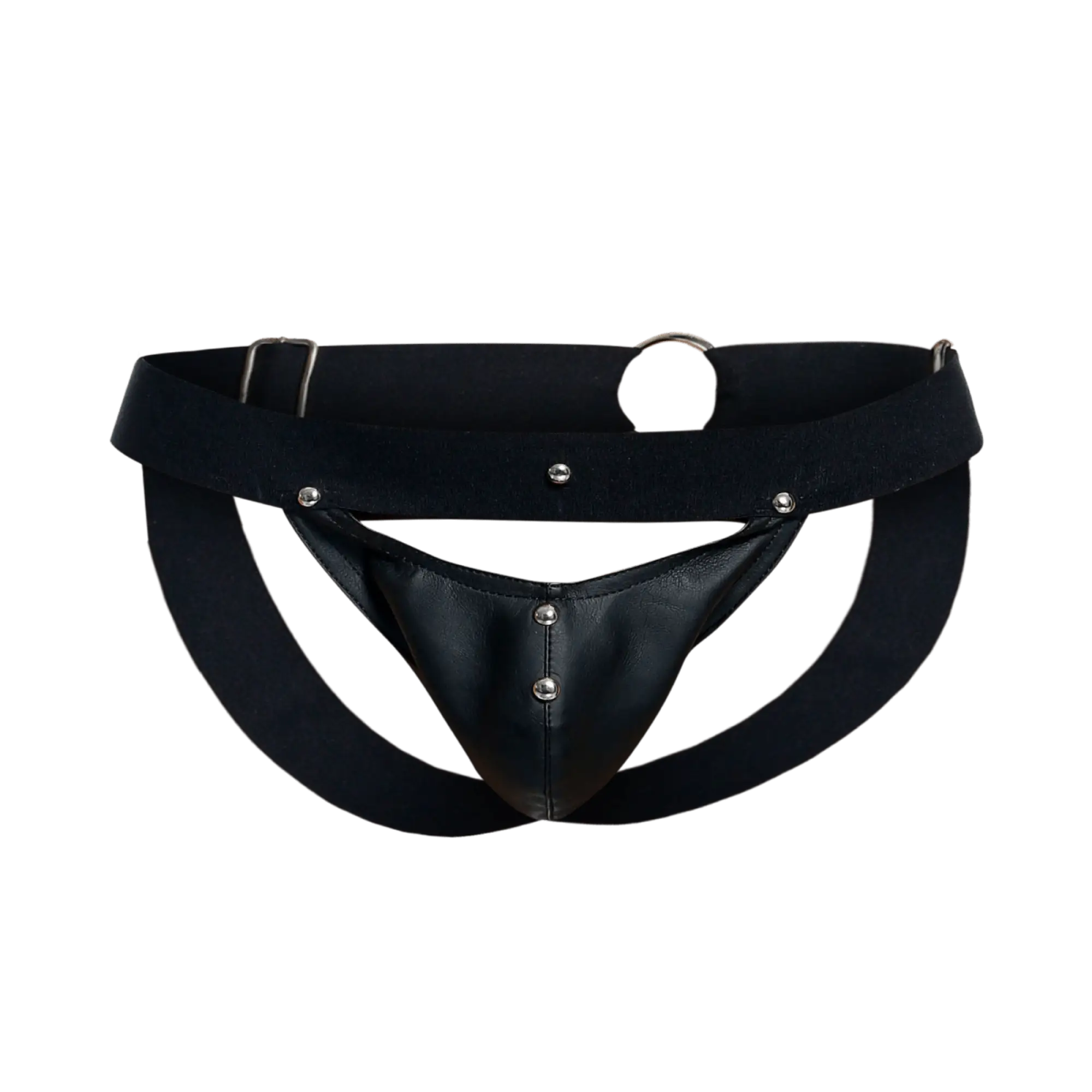 Dngeon peekaboo jockstrap black leather thong with silver metal studs and a wide waistband front view