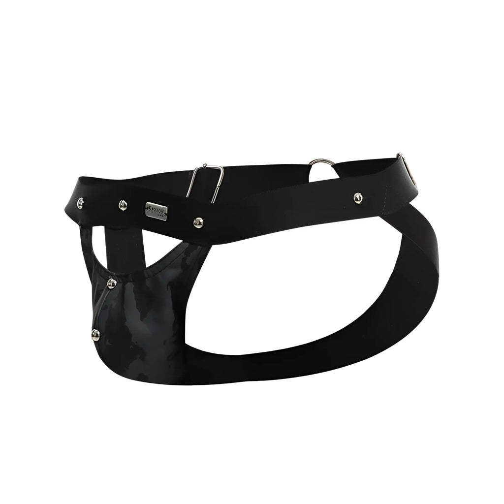 Dngeon peekaboo jockstrap black patent leather harness with silver metal hardware and branded plaque and view of back side