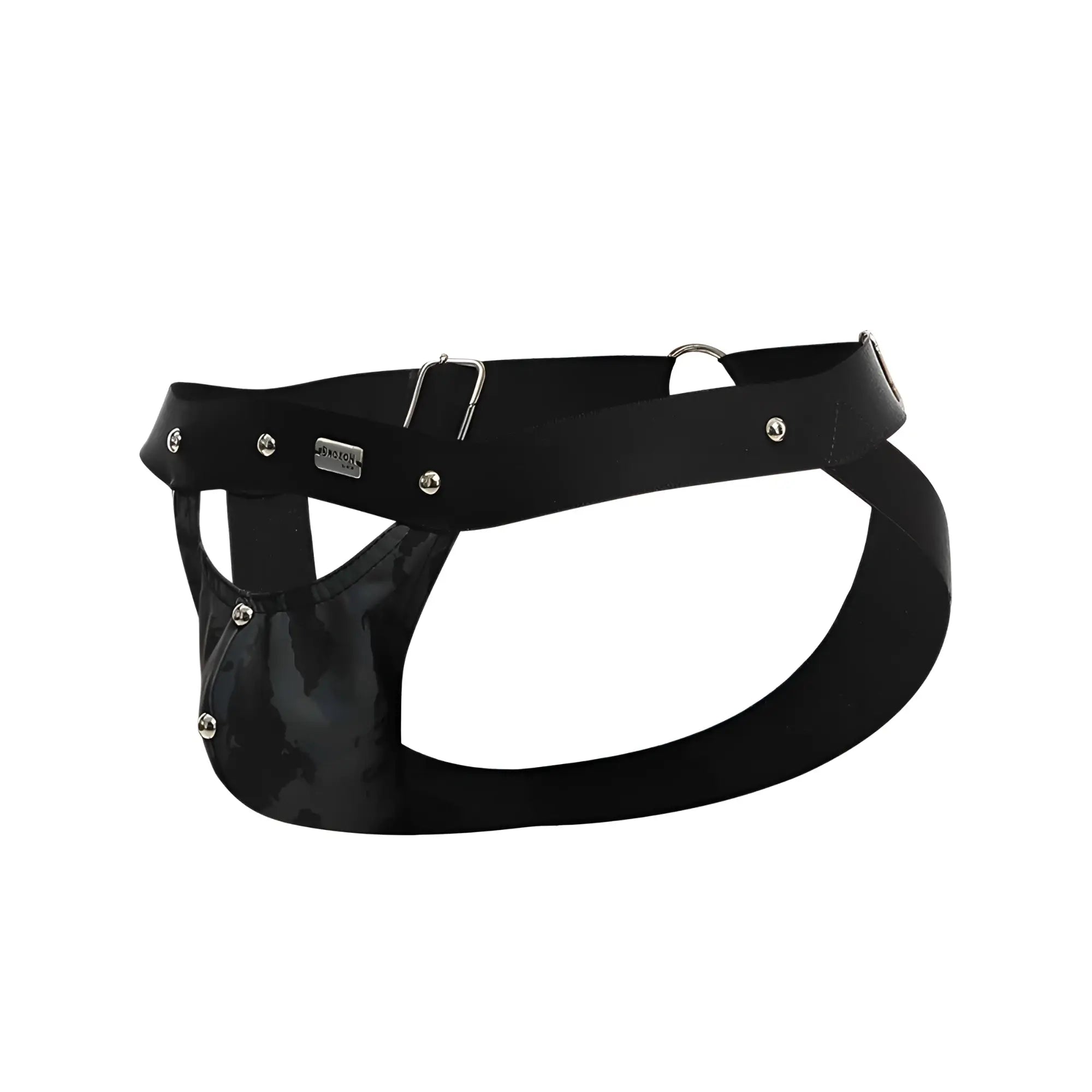 Dngeon peekaboo jockstrap black patent leather harness with silver metal hardware and branded plaque and view of back side