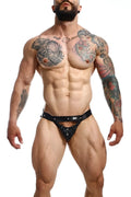 Black leather thong with silver studs and central metal clasp from DNGEON Peekaboo Jockstrap Camo product
