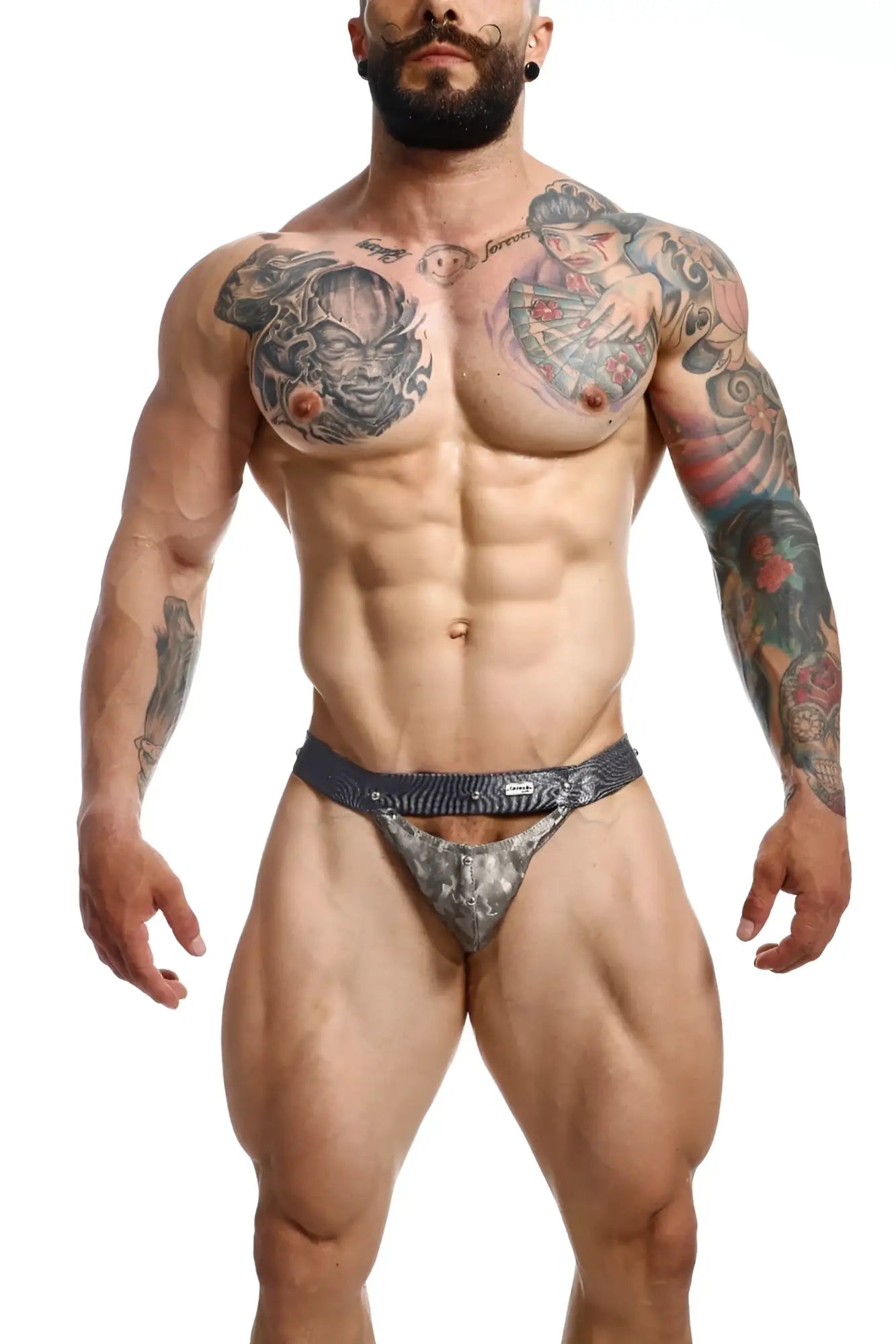 Dngeon peekaboo jockstrap camo in gray and black patterned textured synthetic fabric showing the back side