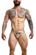 Dngeon Peekaboo jockstrap mirror shiny gold metallic briefs with textured patterned waistband front view