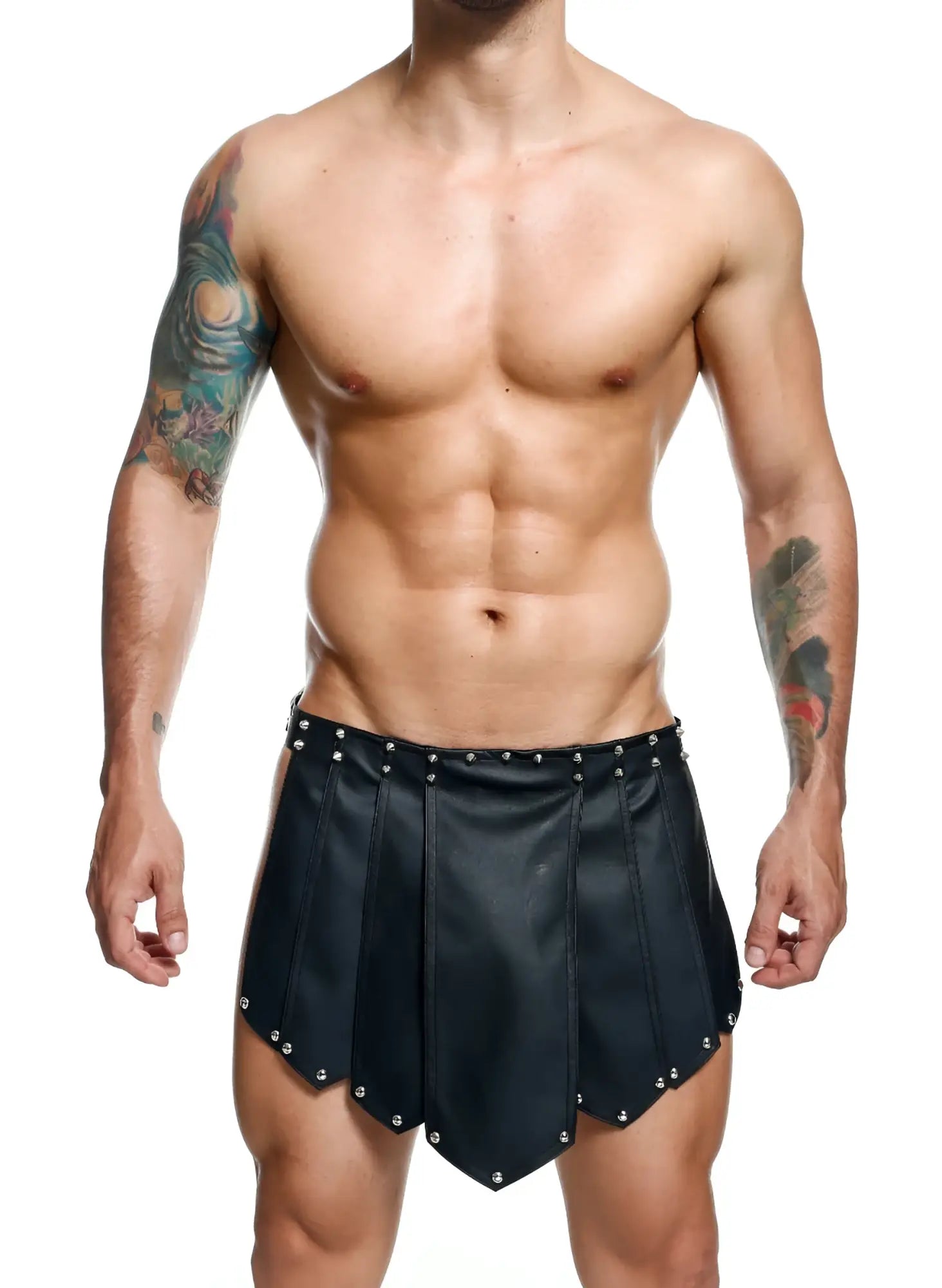 DnGeon Roman skirt black faux leather shorts with silver studs along hem and sides in new colors front view