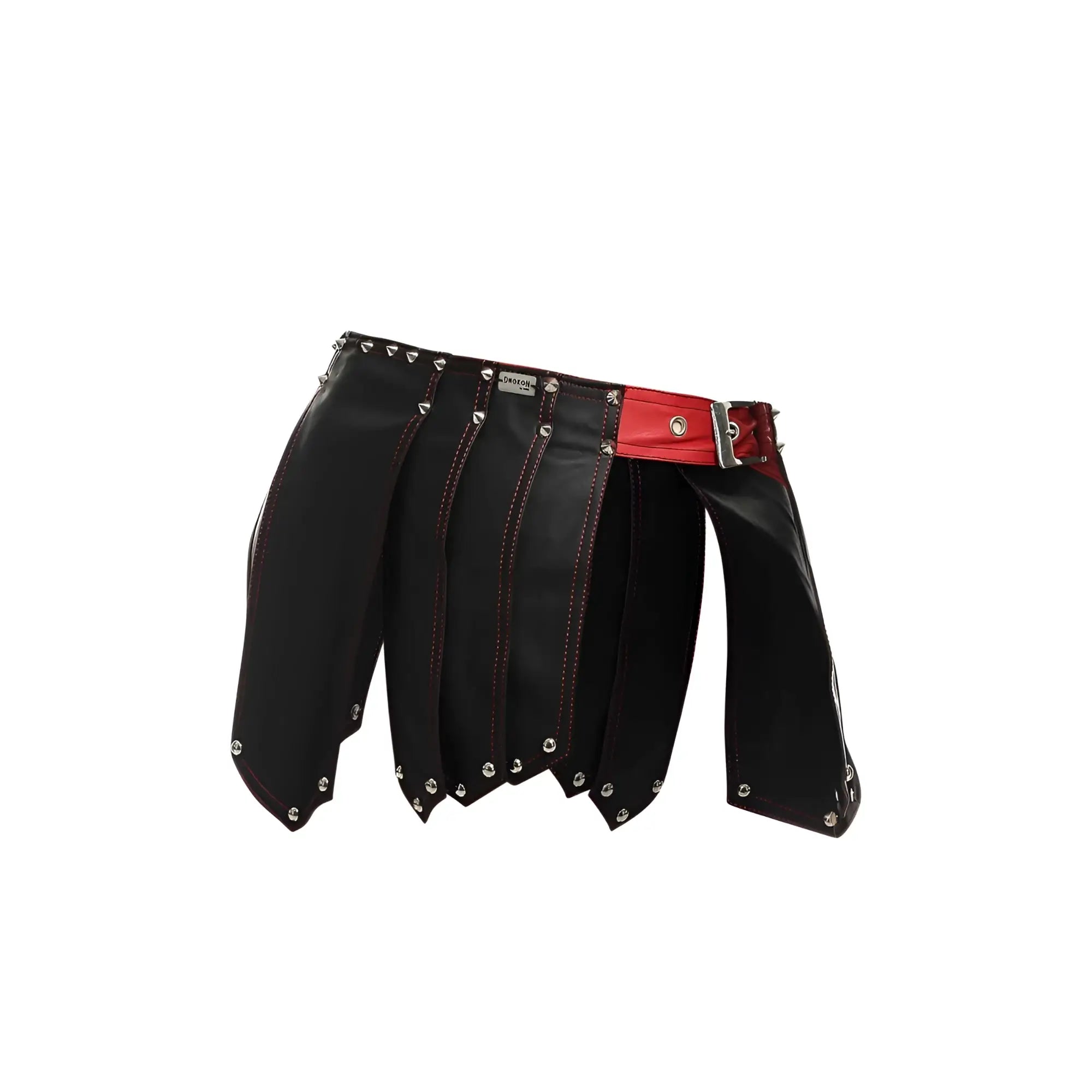 Black leather DNGEON roman skirt with red belt and silver studs in new colors shown from the front view