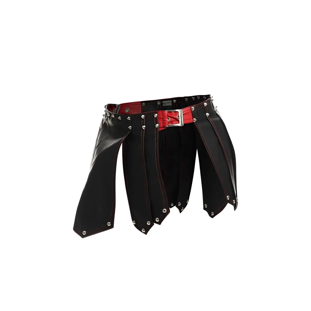Dngeon roman skirt in black leather with red stitching silver studs and a bold red belt buckle new colors