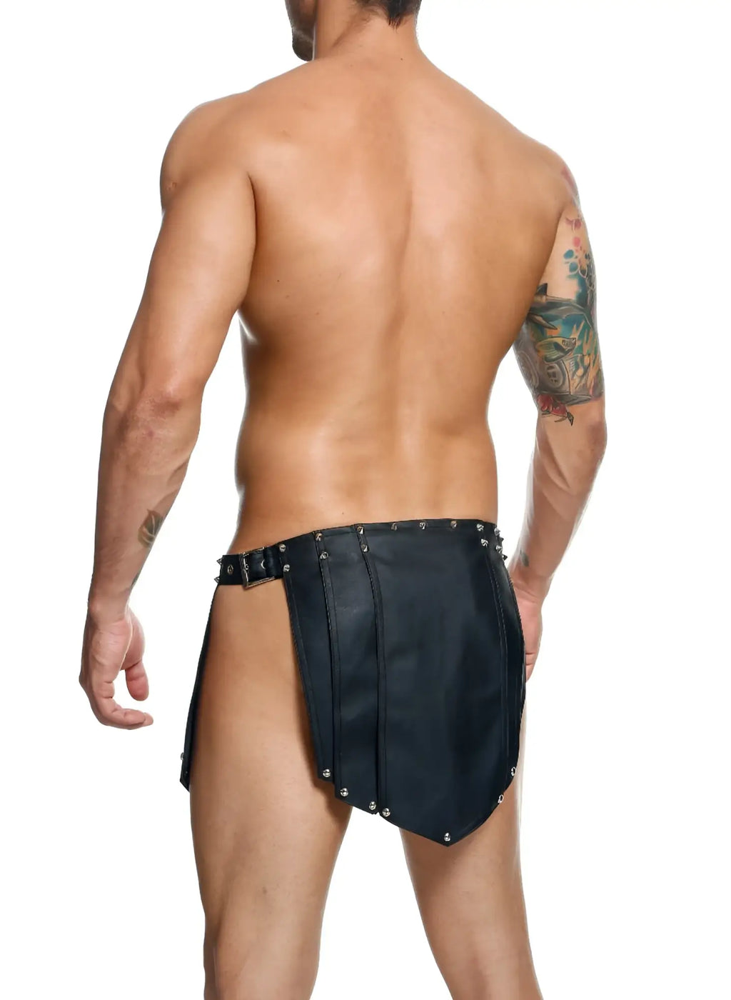 Dngeon roman skirt black leather shorts with silver studs along edges and belt buckle at waist new colors visible