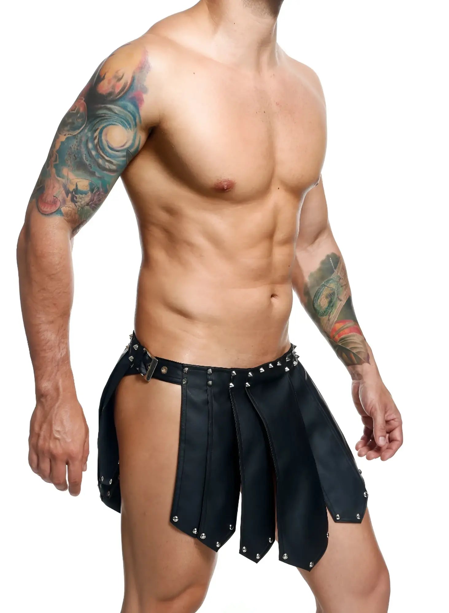 Black leather studded kilt style shorts by dngeon in new colors showing front side of the roman skirt design