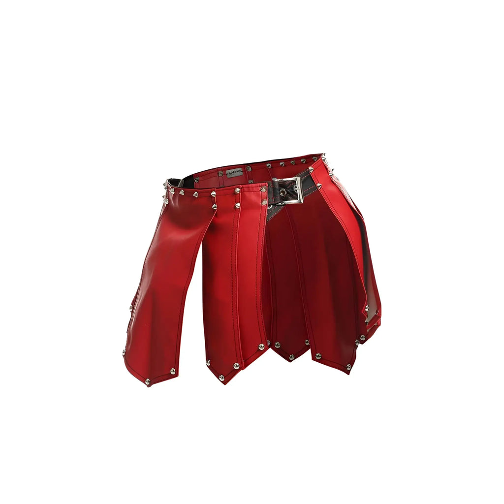 Red faux leather DNGEON roman skirt with silver studs and black buckle in new colors, front view