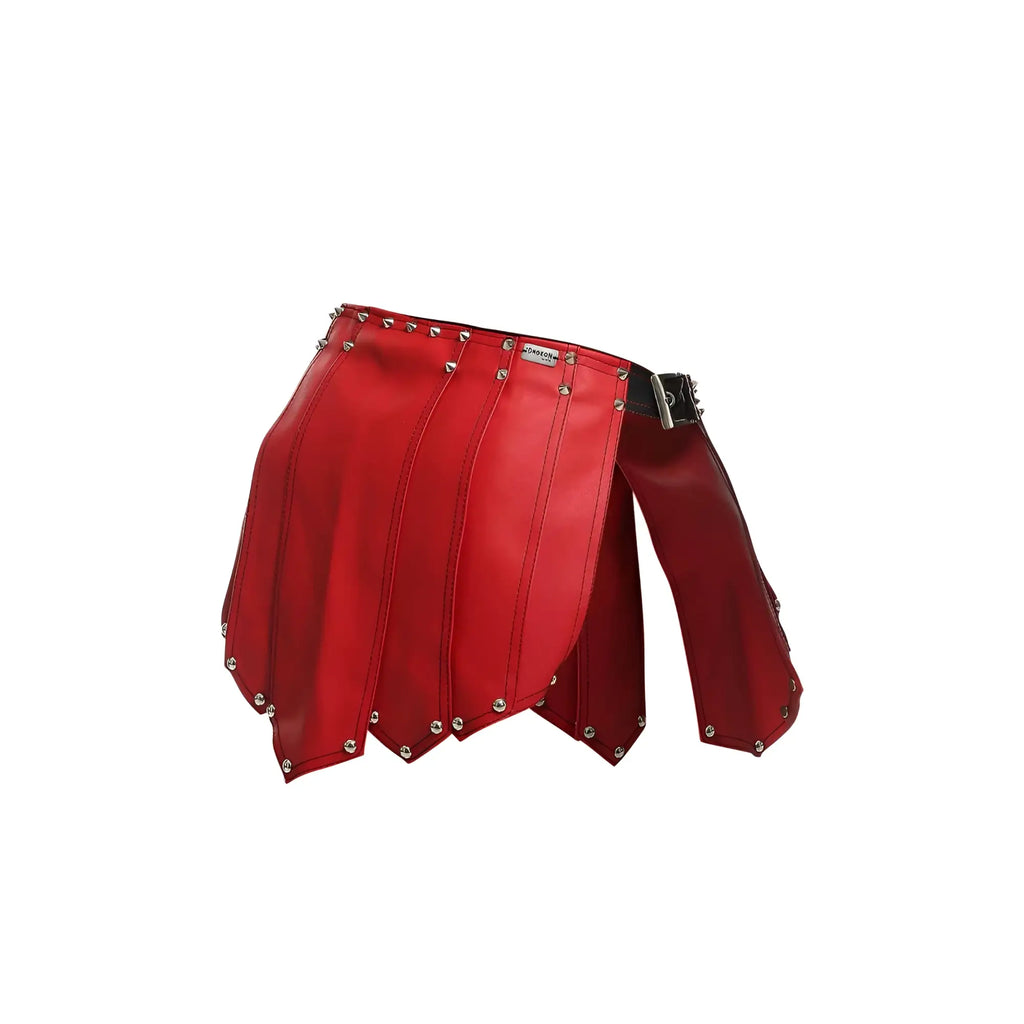 Dngeon roman skirt in red leather with silver studs and black belt buckle new colors shown from front view