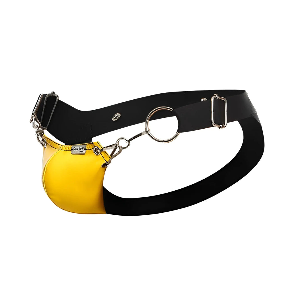 Dngeon snap jockstrap black leather belt with bright yellow pouch attached by silver chains and hardware