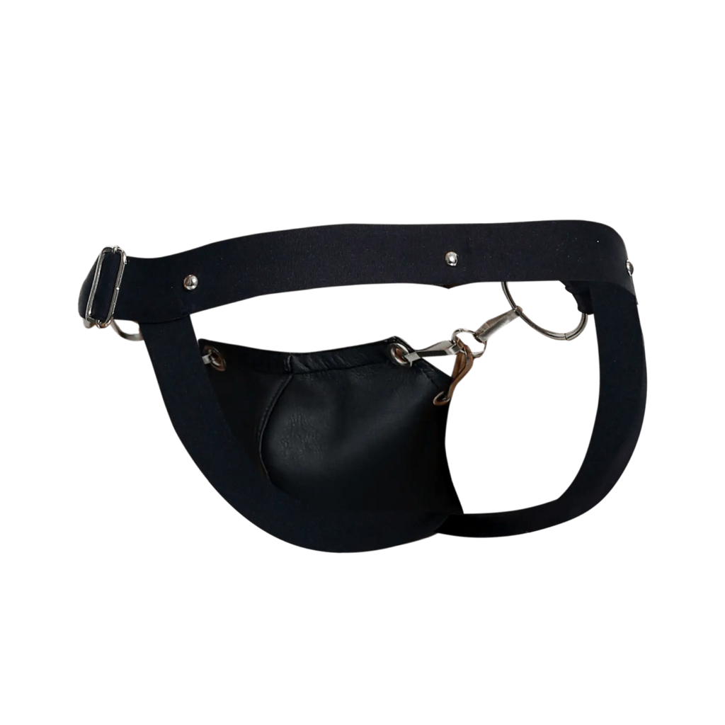 Black leather fanny pack with silver buckle and metal hardware from dngeon snap jockstrap collection