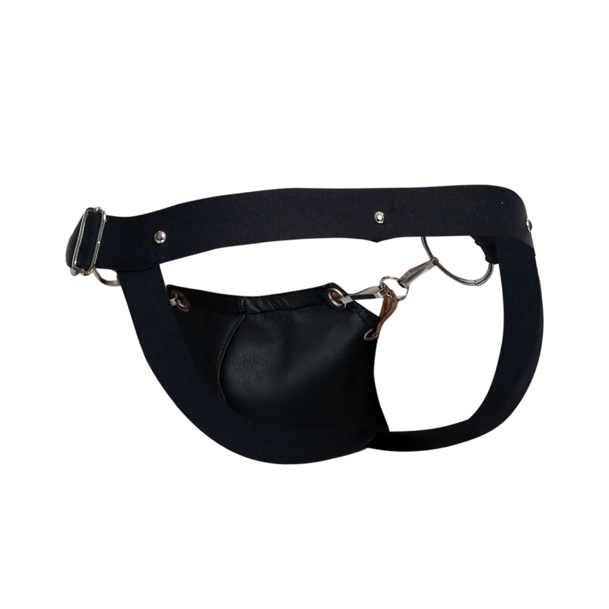 Black leather fanny pack with silver buckle and metal hardware from dngeon snap jockstrap collection