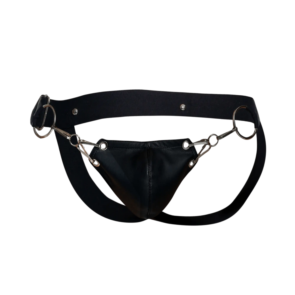 Black leather dngeon snap jockstrap harness with metallic horsebit style hardware for secure support