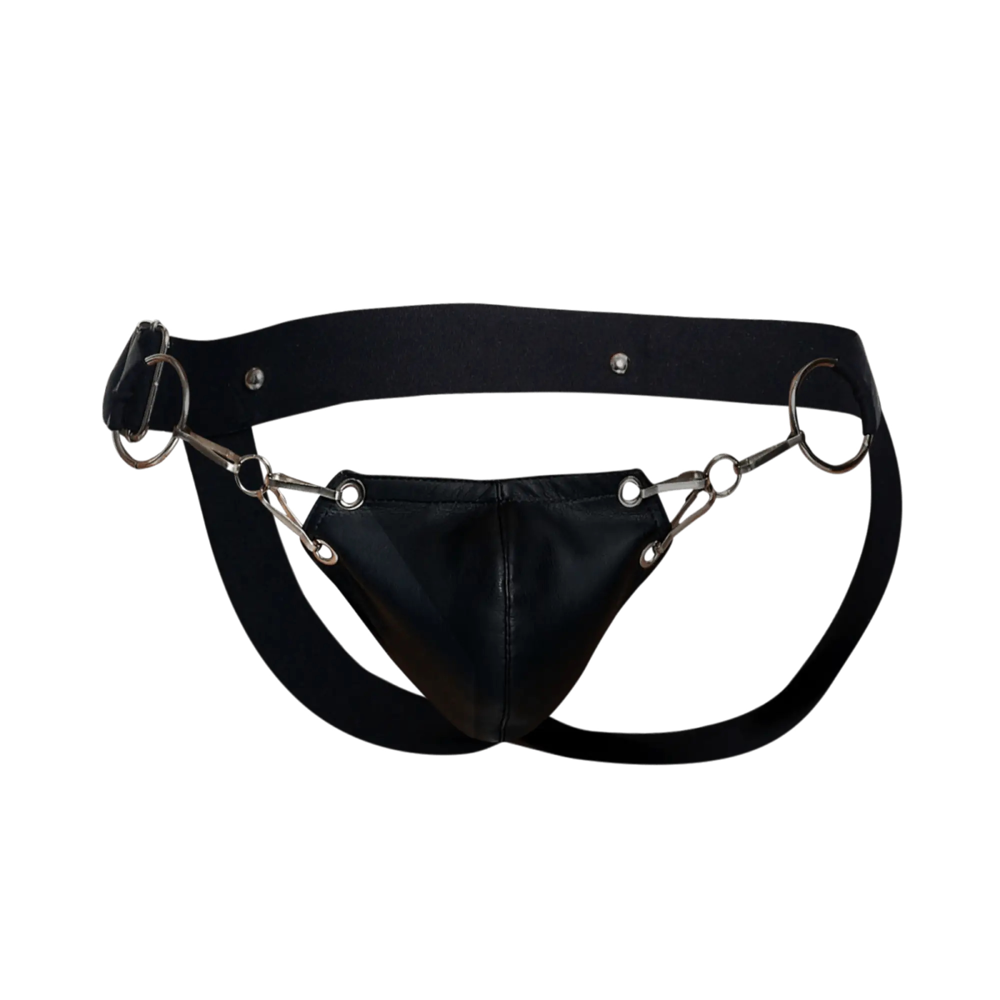 Black leather dngeon snap jockstrap harness with metallic horsebit style hardware for secure support