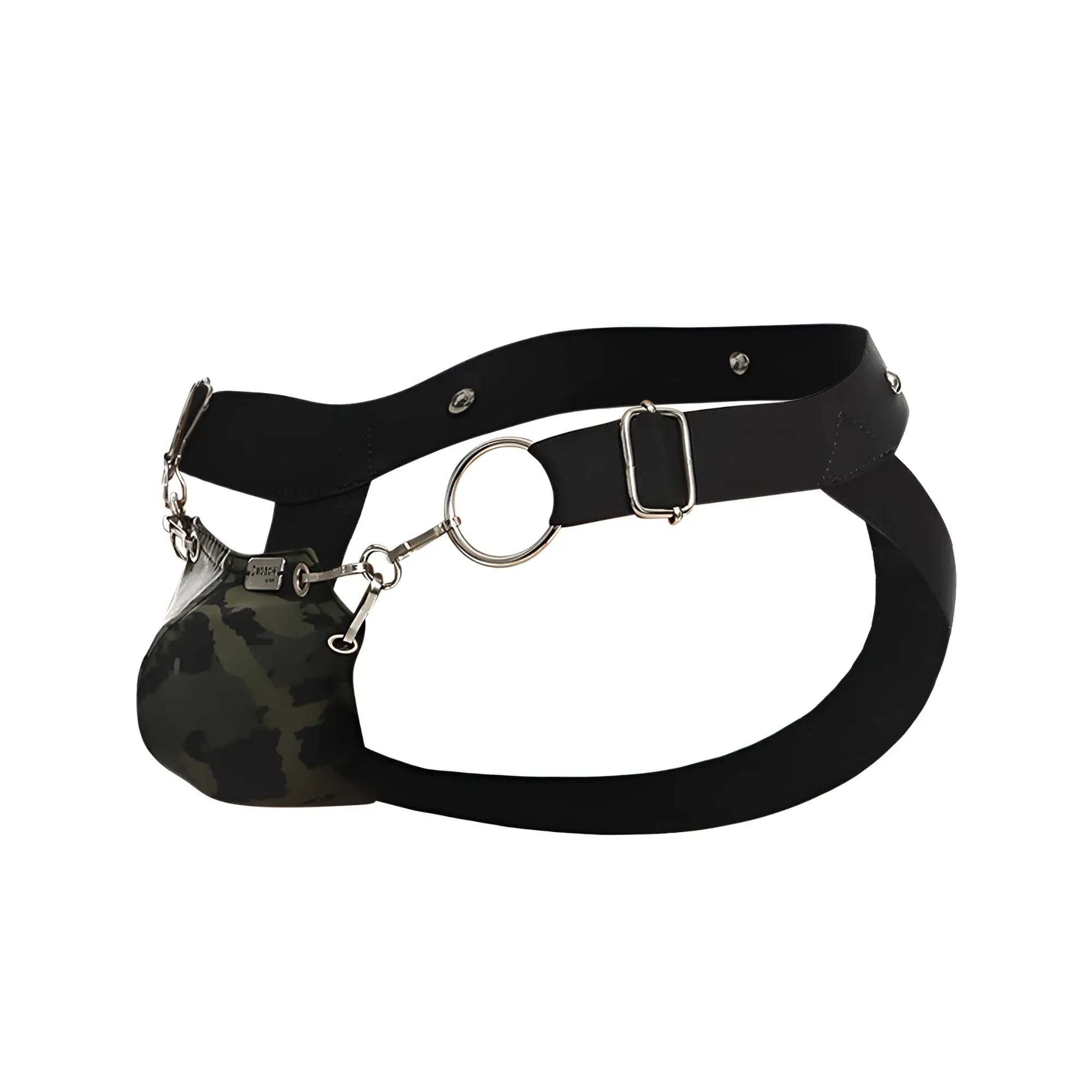 Dngeon snap jockstrap black leather harness with silver metal hardware and camouflage pouch front view